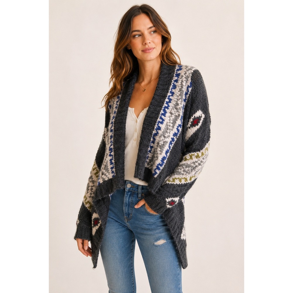 Abercrombie & Fitch XS/S Wool Blend Chunky Fair Isle Shawl Cardigan Grey Sweater